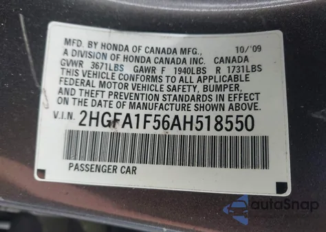 2010 Honda Civic Lx z USA, uszkodzony, nr VIN 2HGFA1F56AH518550
